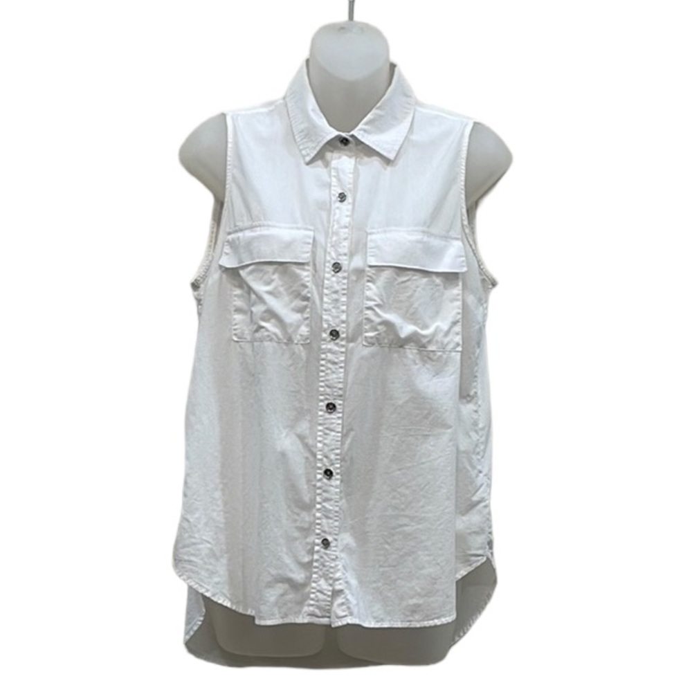 MICHAEL KORS White Sleeveless Shirt Collar Button Down High Low Pockets SZ M